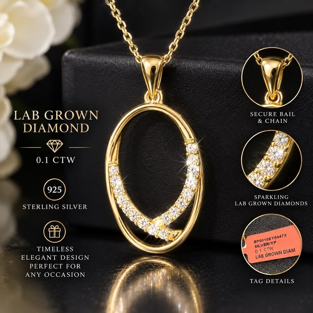 NWT Lab Grown Diamond 0.10 CTW Oval Pendant Necklace 925 Sterling Silver Gold
